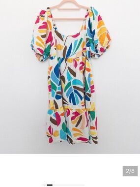 Tabitha Brown Multicolored Leaf Print Puff Sleeve Summer Dress. Size M